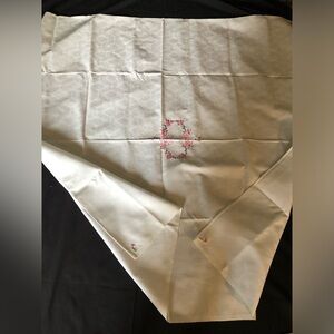 VIntage Embroidered Floral Tablecloth pink white 60” square
